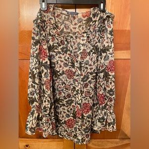 Elbow Length Sleeve Button Down Floral Print Woven Shirt Gold Thread - not worn